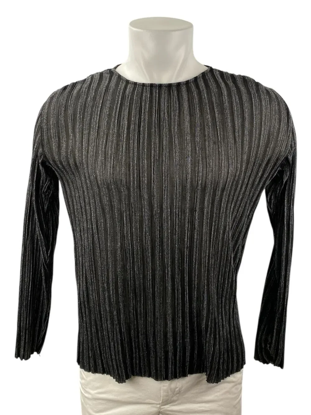 Zara Men Black Gray Striped Long Sleeve Textured Crew Neck T Shirt Tee Top Sz S